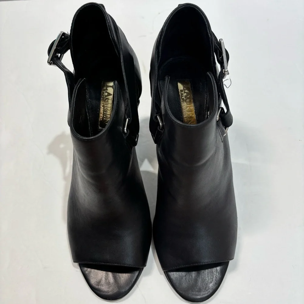 Lauren Ralph Lauren Kadence Black Leather Block Heel Open Toe Ankle Boot sandal